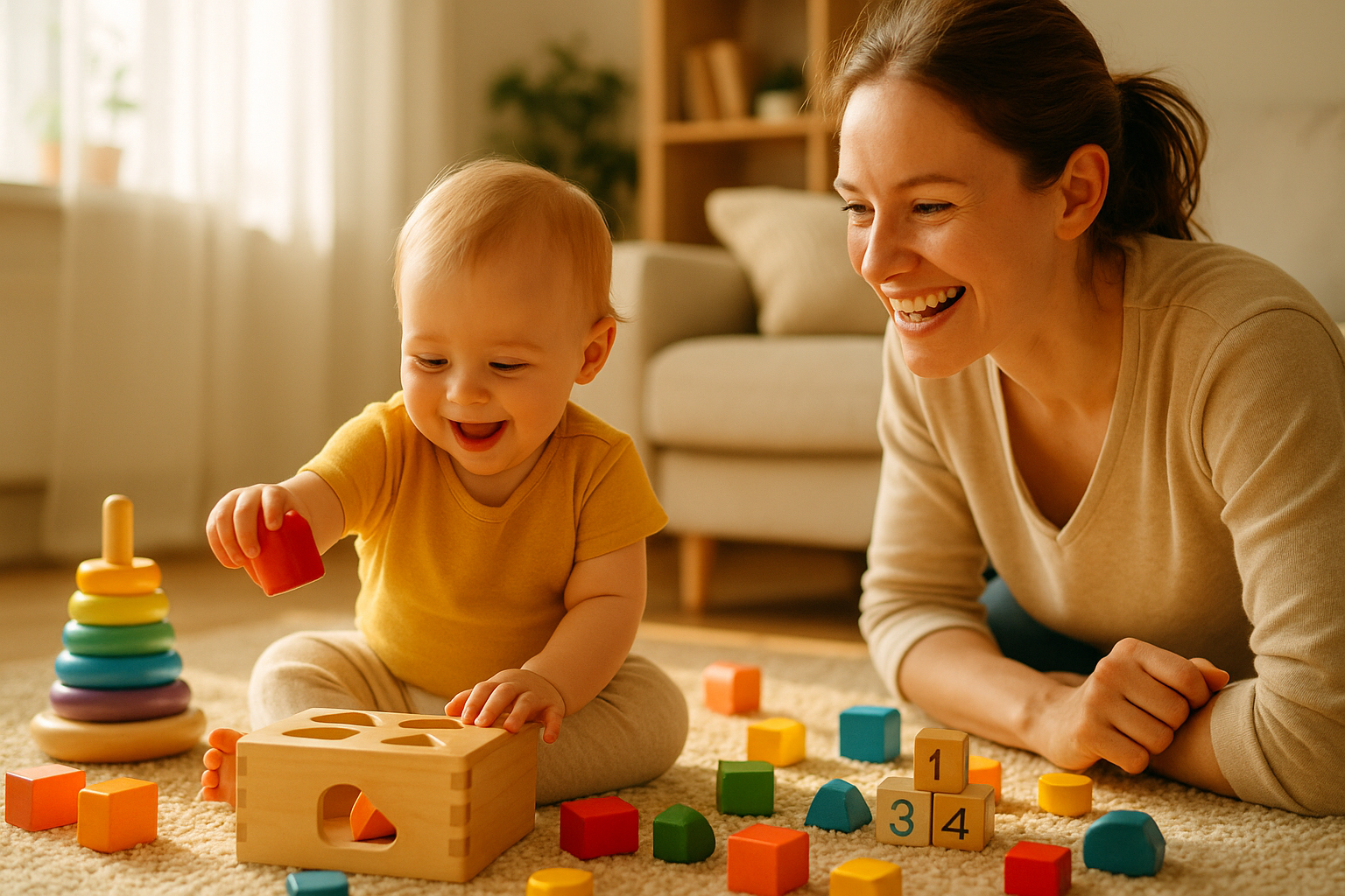 Warm, bright photo of a baby or toddler playing with educational toys; a parent smiling nearby.